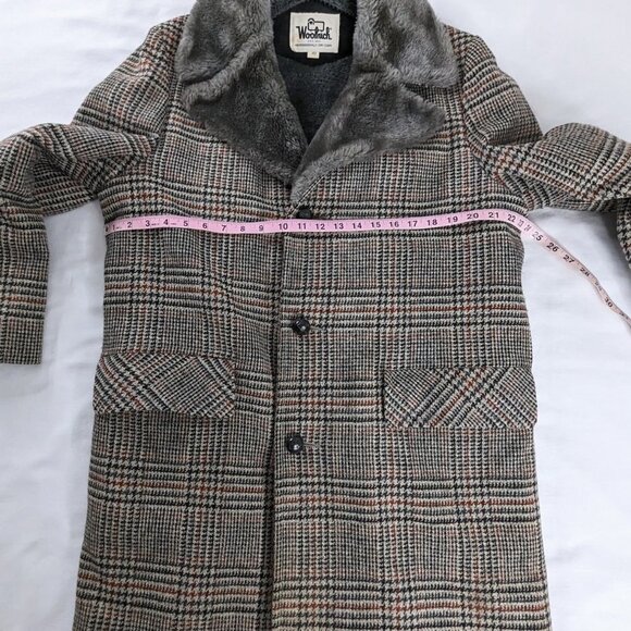 VTG Woolrich Gray Black Red Plaid Houndstooth Wool Fur Lined Long Coat 60s 70s - Picture 8 of 9